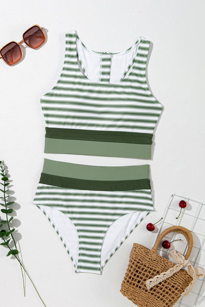 White Stripe Color Block Zipper Back Cutout High Waist Bikini Set