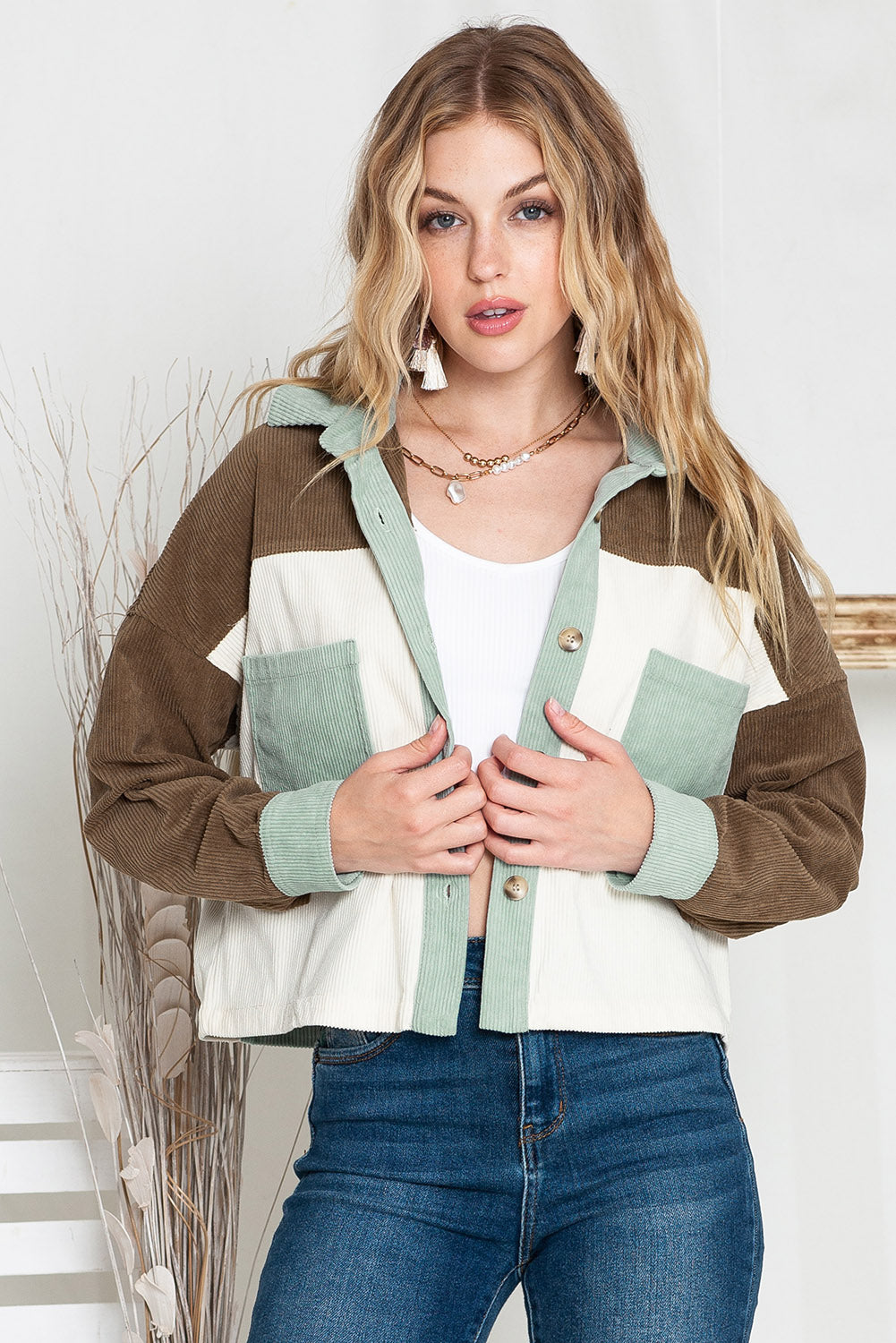 Green Color Block Button Up Cropped Corduroy Jacket