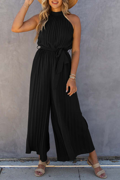 Green Elegant Halter Neck Belted Pleated Wide Leg Jumpsuit