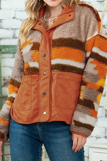 Brown Striped and Geometric Fleece Jacket with Quilted Patch Pockets