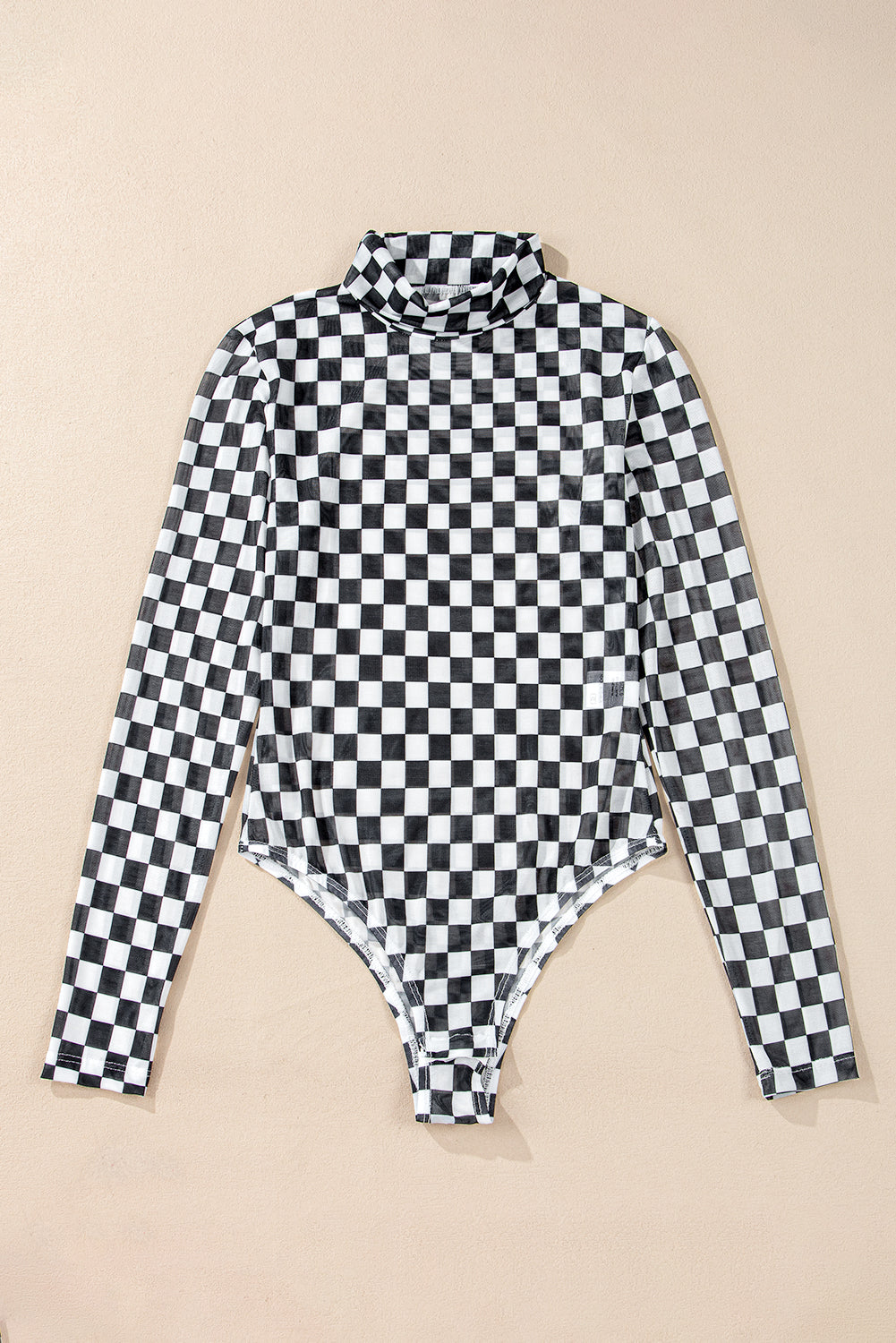 Black Checkered Print Long Sleeve Mock Neck Bodysuit