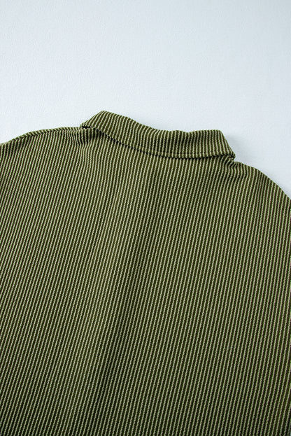 Moss Green Corded Buttons Placket Collared Shift Dress