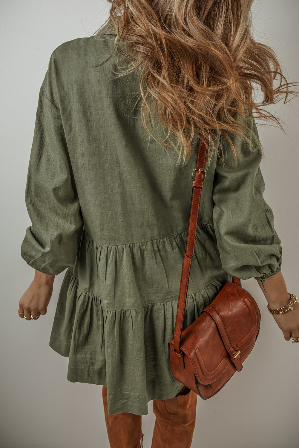 Jungle Green Puff Sleeve Buttoned Tiered Pleated Mini Shirt Dress