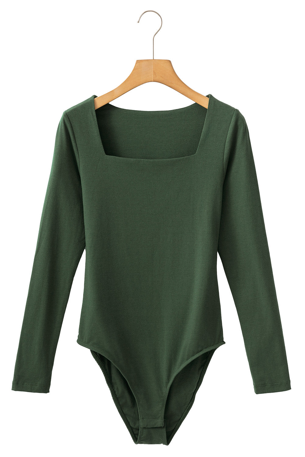 Blackish Green Solid Color Square Neck Long Sleeve Slim Fit Bodysuit