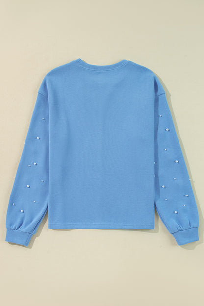 Blossom Pearl Sleeves Ribbed Pullover Sweatshirt