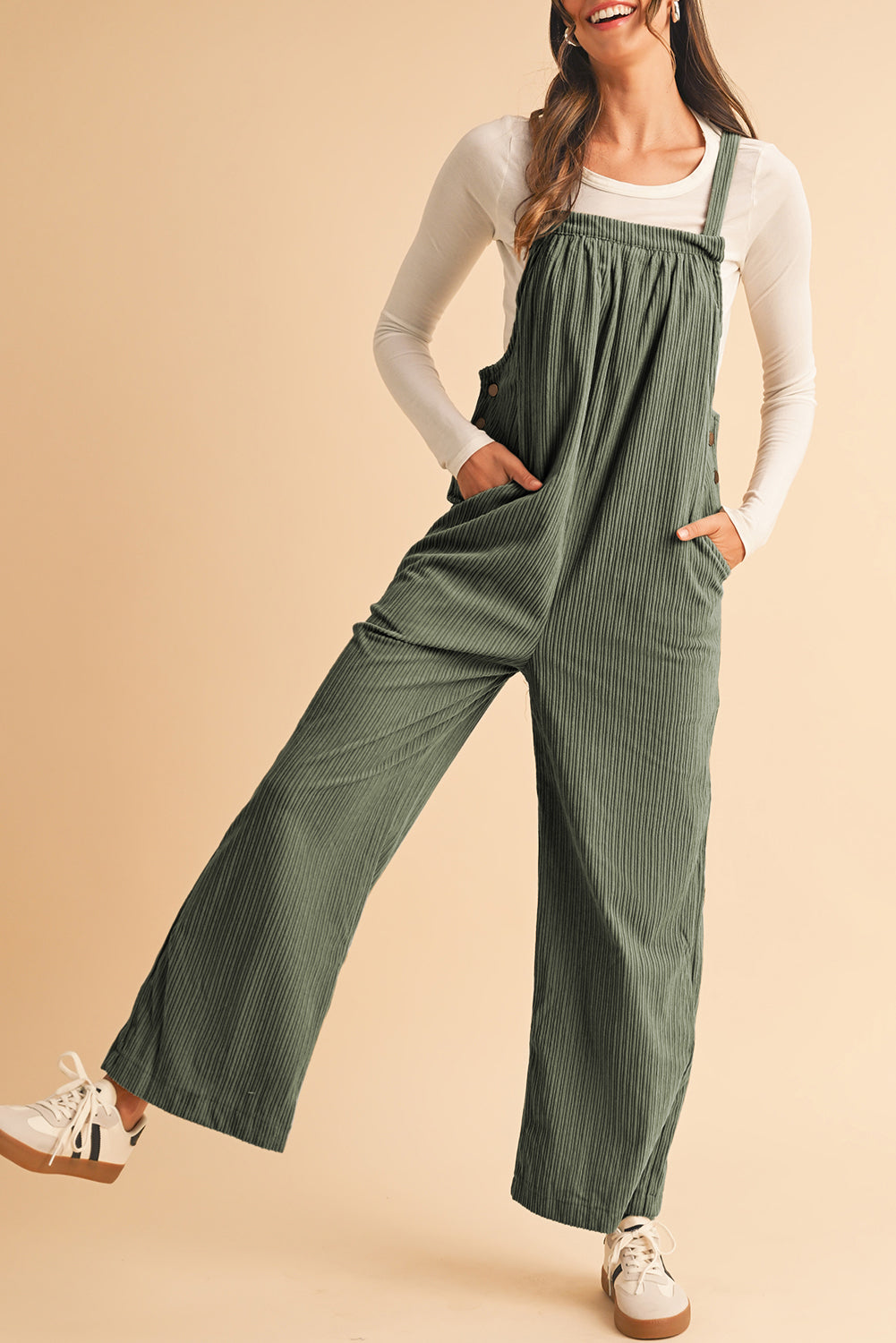 Jungle Green Plain Pocketed Loose Fit Corduroy Overalls