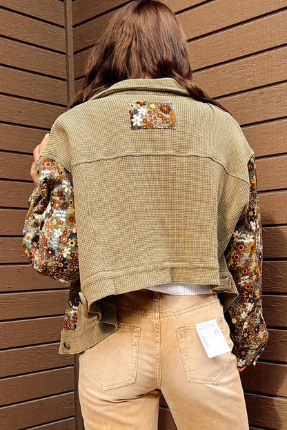 Khaki Waffle Knit Floral Print Patchwork Button Up Jacket