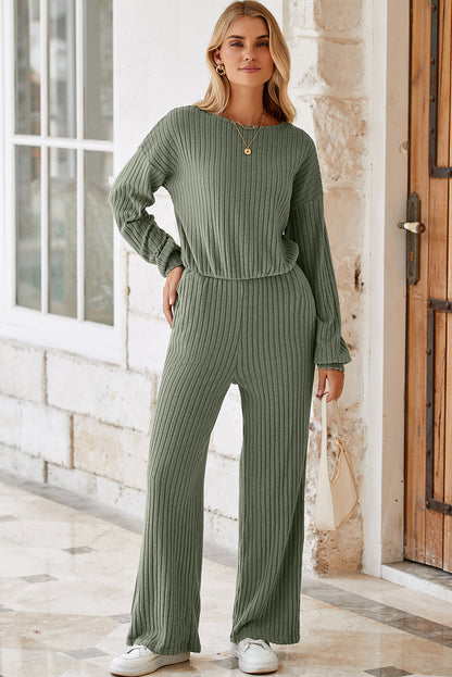 Black Solid Ribbed Knit Keyhole Back High Waist Jumpsuit