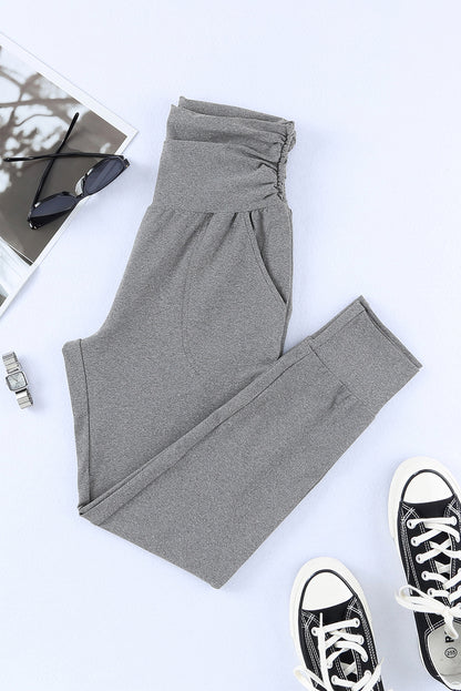 Black Pleated Casual Pocket High Waisted Leggings