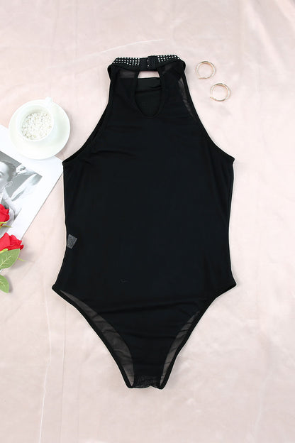 Black Sexy Rhinestone Sleeveless High Neck Bodysuit