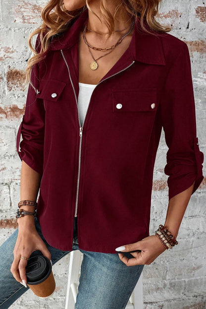 Red Dahlia Collar Tab Sleeve Zip Up Jacket