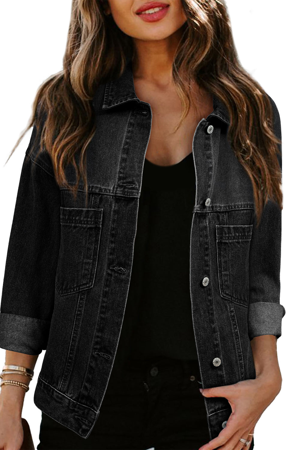 Dark Blue Washed Oversized Pocketed Denim Jacket