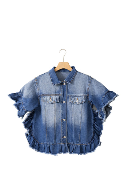 Peacock Blue Raw Edge Bell Short Sleeve Denim Jacket