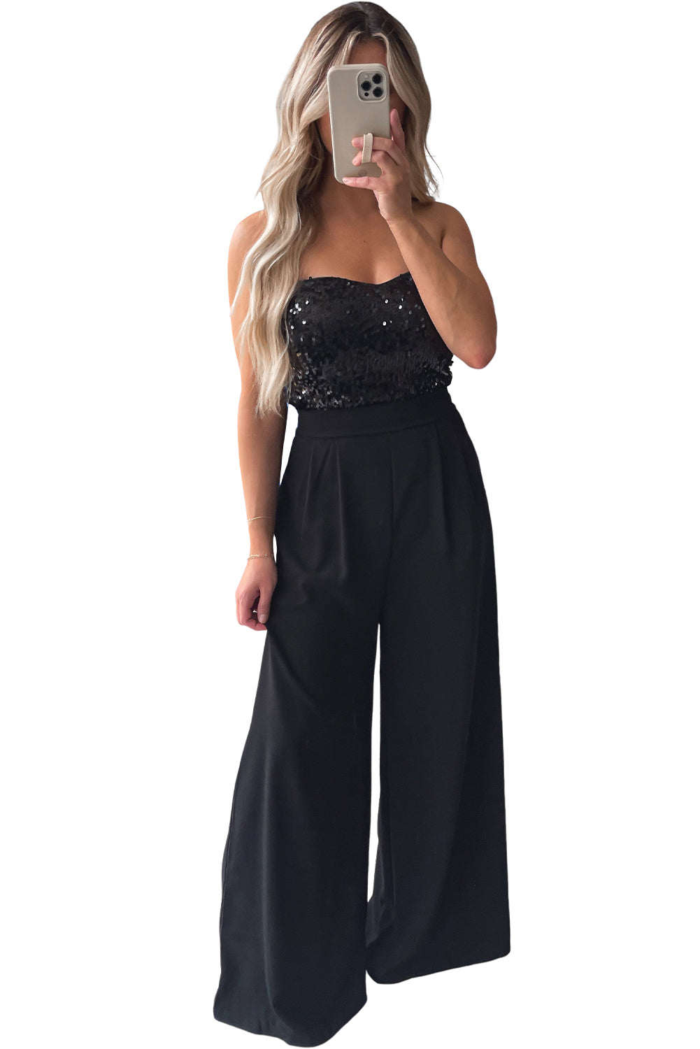 Black Sequin Tube Top Floor Length Wide Leg Jumpsuit