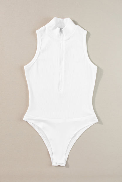 White Zip Up Mock Neck Ribbed Sleeveless Bodysuit