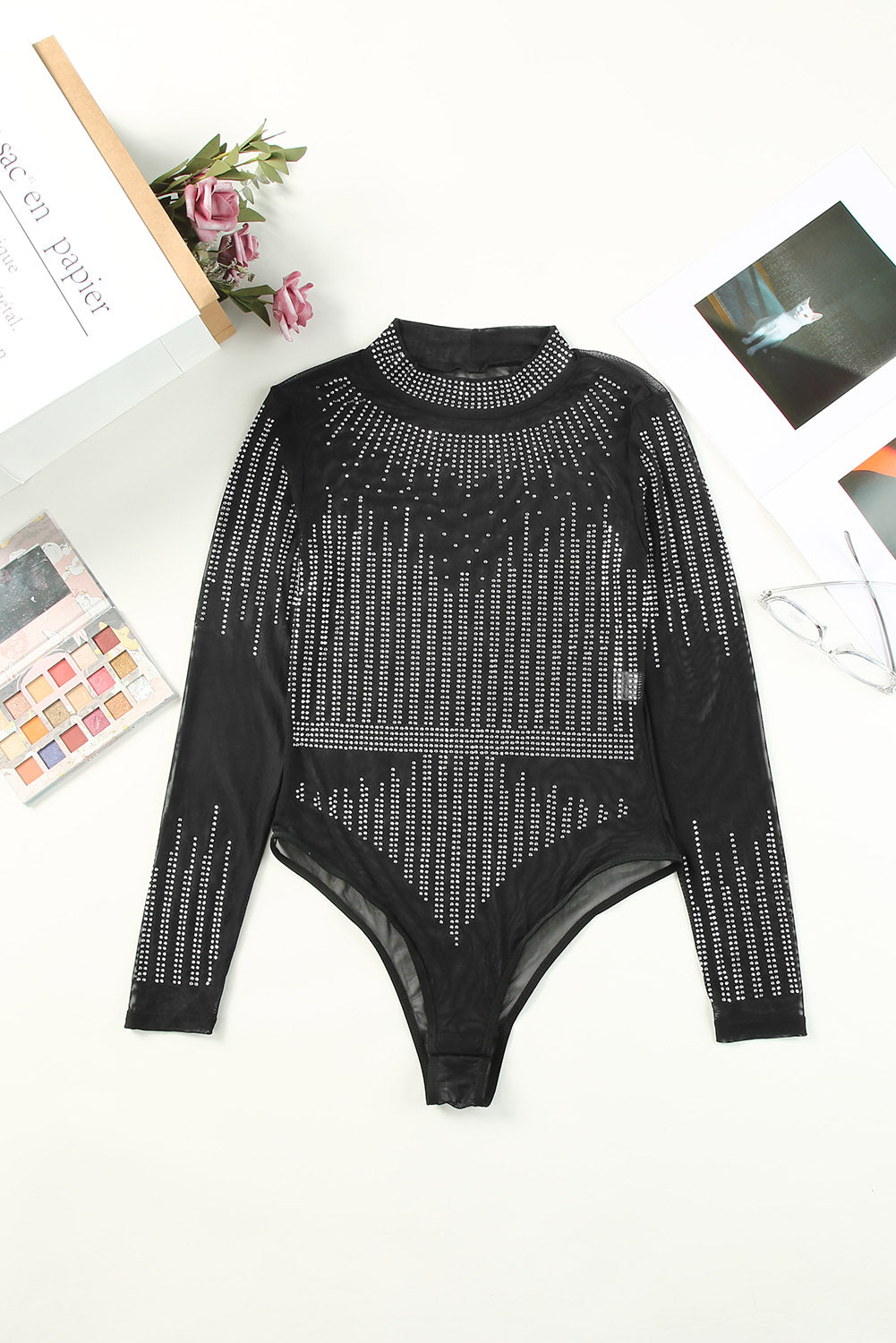 Black Rhinestone Sheer Slim Fit Long Sleeve Bodysuit