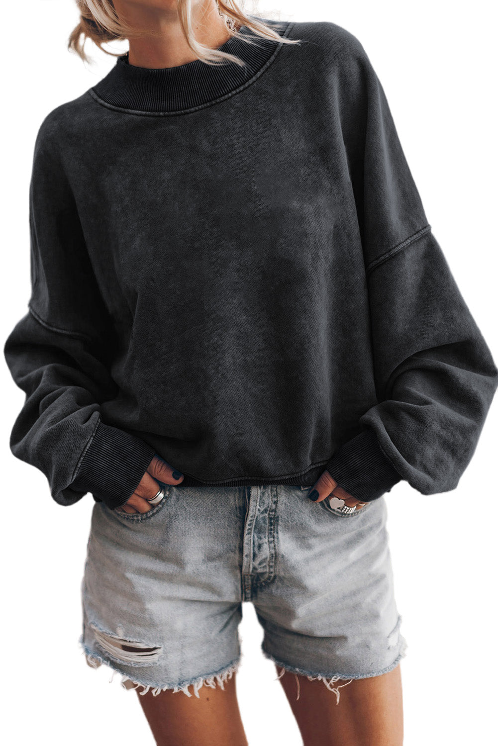 Green Light Plain Washed Drop Shoulder Pullover Sweatshirt