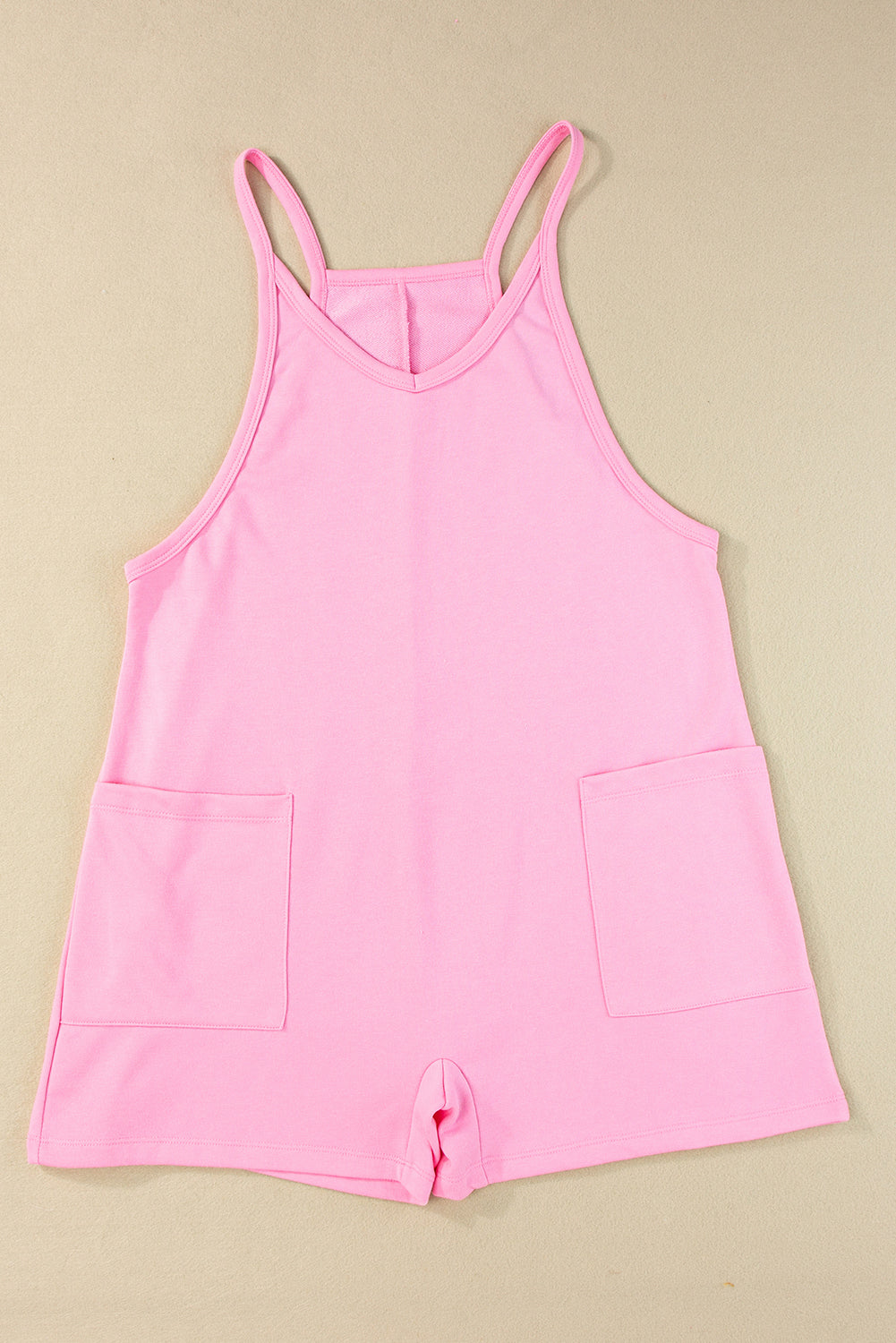 Pink Spaghetti Straps V Neck Pocketed Romper