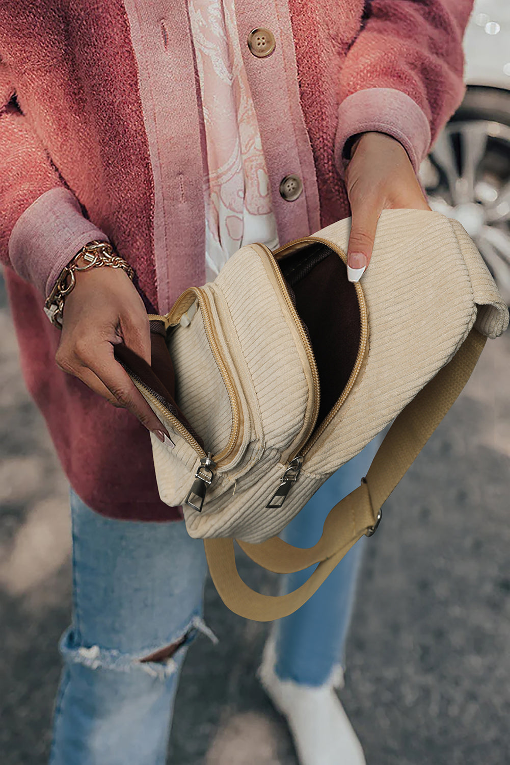 Khaki Casual Corduroy Zipper Crossbody Bag