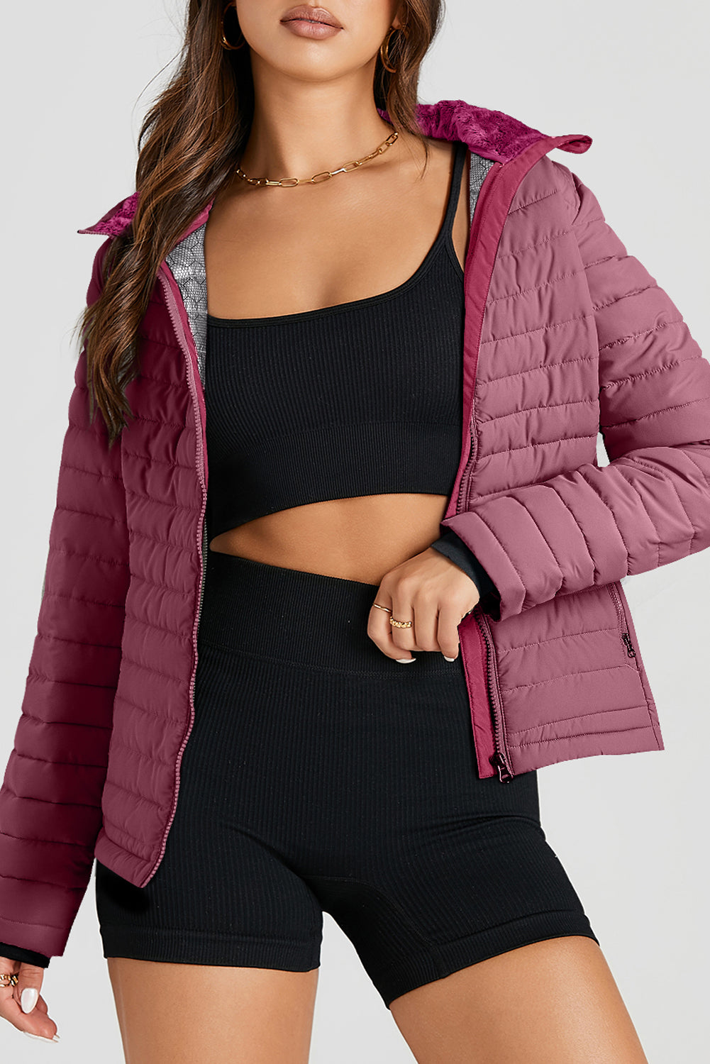 Black Solid Color Quilted Zip-up Puffer Jacket