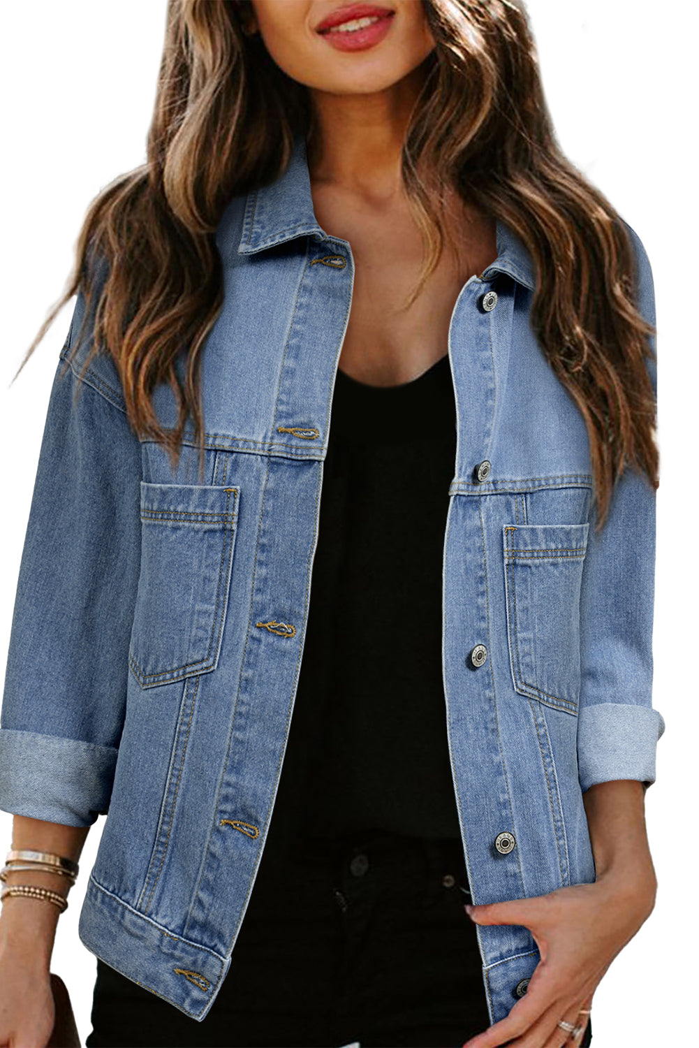 Dark Blue Washed Oversized Pocketed Denim Jacket