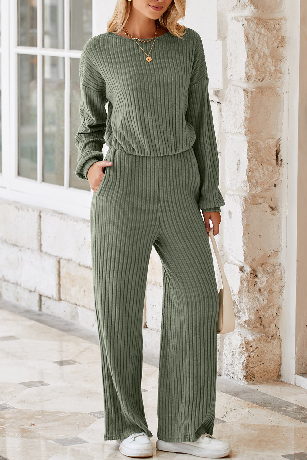 Black Solid Ribbed Knit Keyhole Back High Waist Jumpsuit