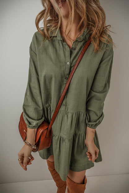 Jungle Green Puff Sleeve Buttoned Tiered Pleated Mini Shirt Dress