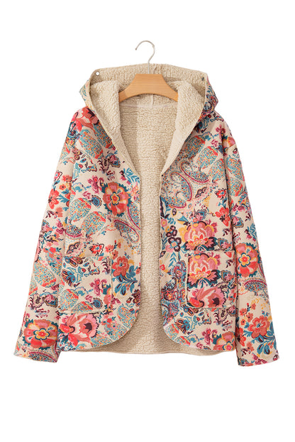 Beige Vintage Paisley Floral Printed Sherpa Lined Hooded Jacket