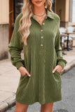 Moss Green Corded Buttons Placket Collared Shift Dress