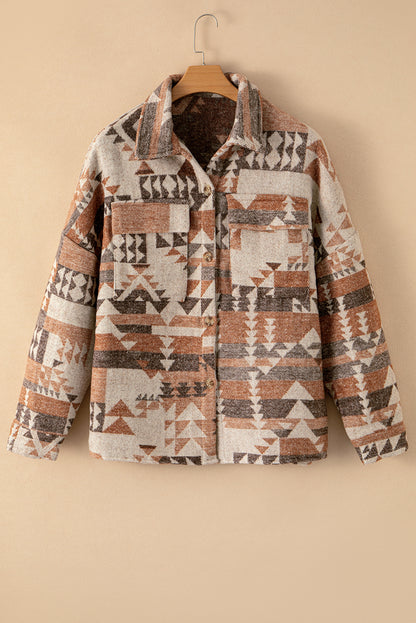 Brown Geometric Print Flap Pocket Jacket