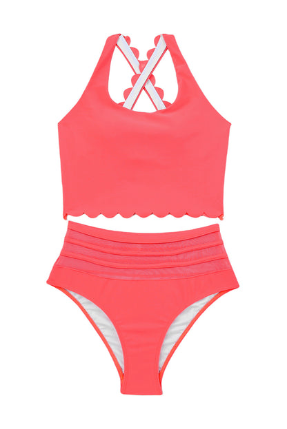 Pink Scalloped Sleeveless High Waisted Two Piece Swimsuit