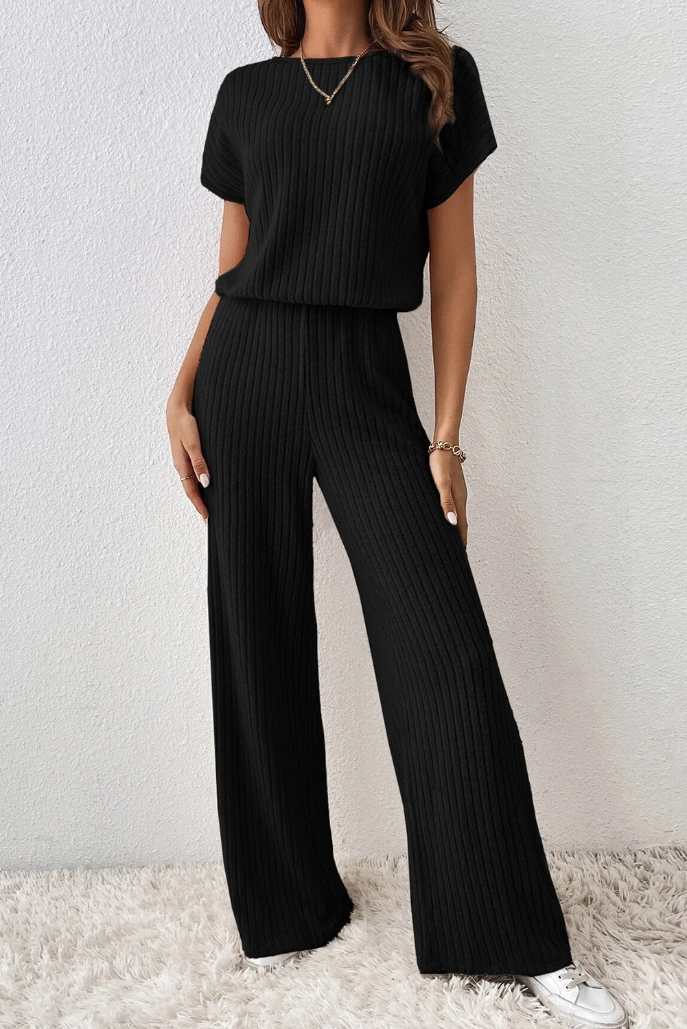 Grass Green Solid Color Ribbed Short Sleeve Wide Leg Jumpsuit