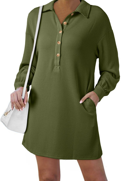 Moss Green Corded Buttons Placket Collared Shift Dress