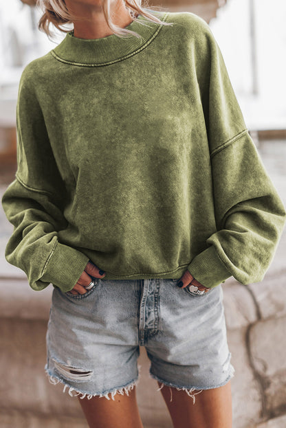 Green Light Plain Washed Drop Shoulder Pullover Sweatshirt