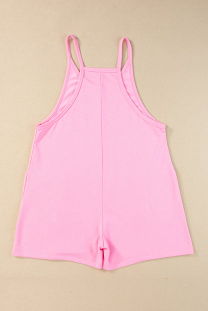 Pink Spaghetti Straps V Neck Pocketed Romper