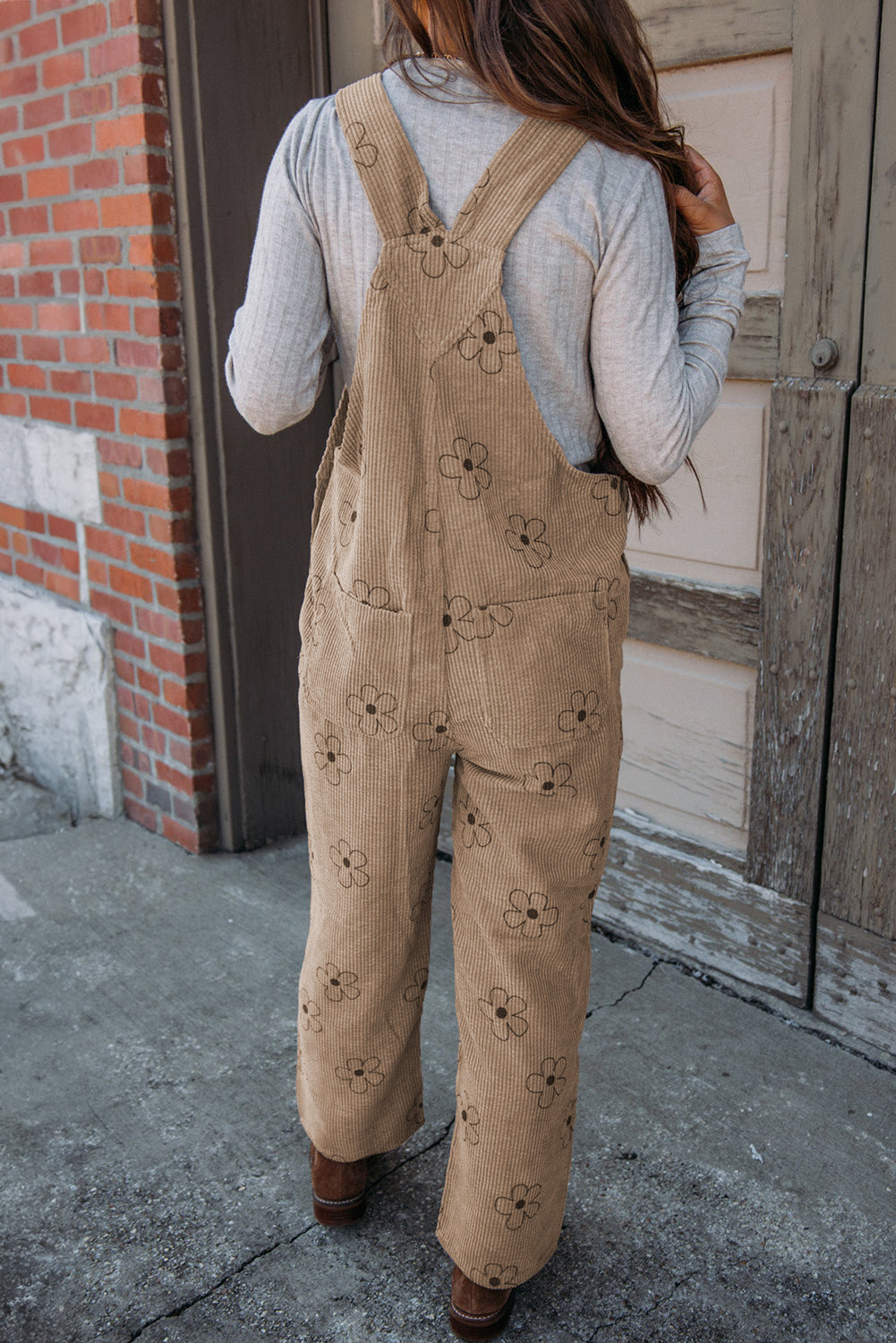 Khaki 60s Flower Print Corduroy Overalls