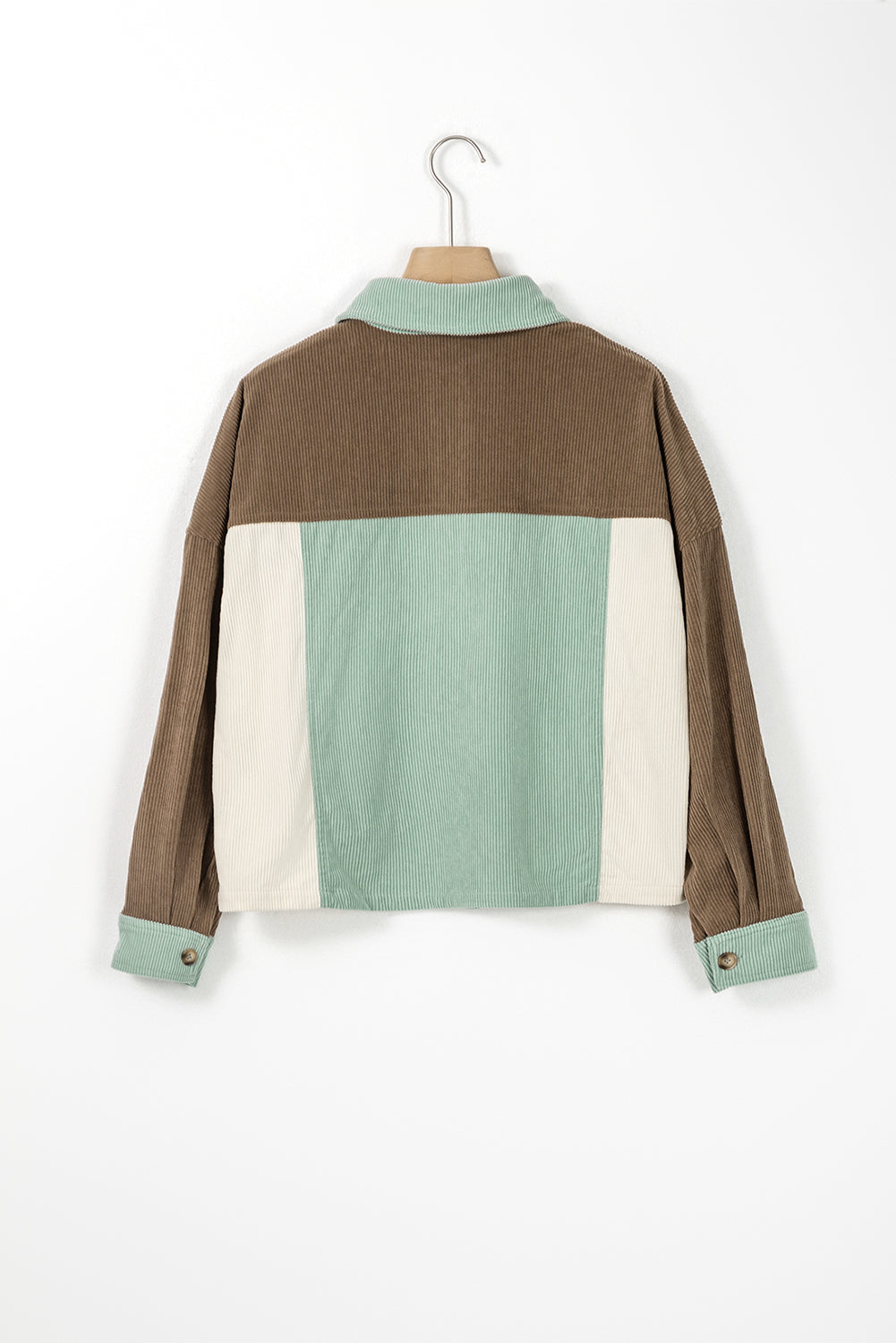 Green Color Block Button Up Cropped Corduroy Jacket