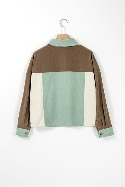 Green Color Block Button Up Cropped Corduroy Jacket