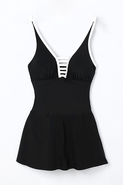 Black Strappy V Neck Backless One Piece Swimdress