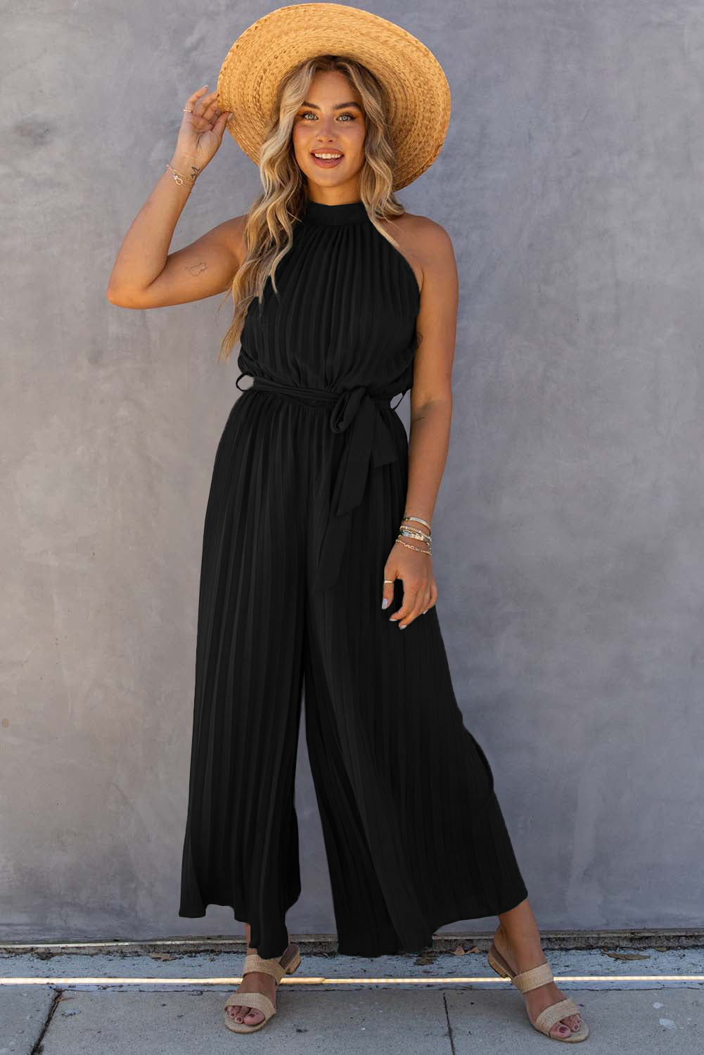 Green Elegant Halter Neck Belted Pleated Wide Leg Jumpsuit