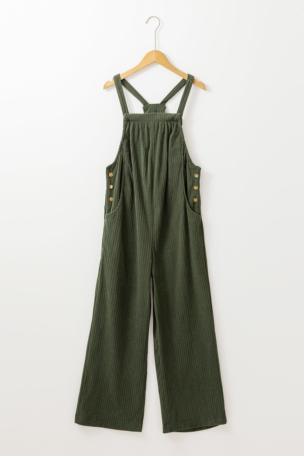 Jungle Green Plain Pocketed Loose Fit Corduroy Overalls