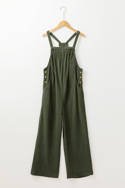 Jungle Green Plain Pocketed Loose Fit Corduroy Overalls