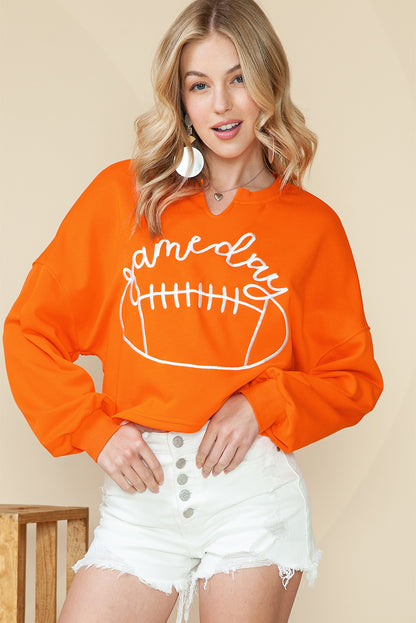 Orange Game Day Lettering Rugby Notched Neck Cropped Sweatshirt