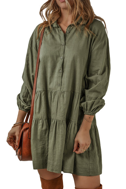 Jungle Green Puff Sleeve Buttoned Tiered Pleated Mini Shirt Dress