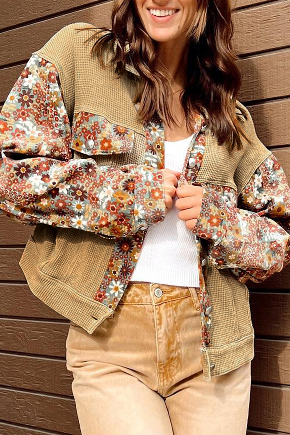 Khaki Waffle Knit Floral Print Patchwork Button Up Jacket