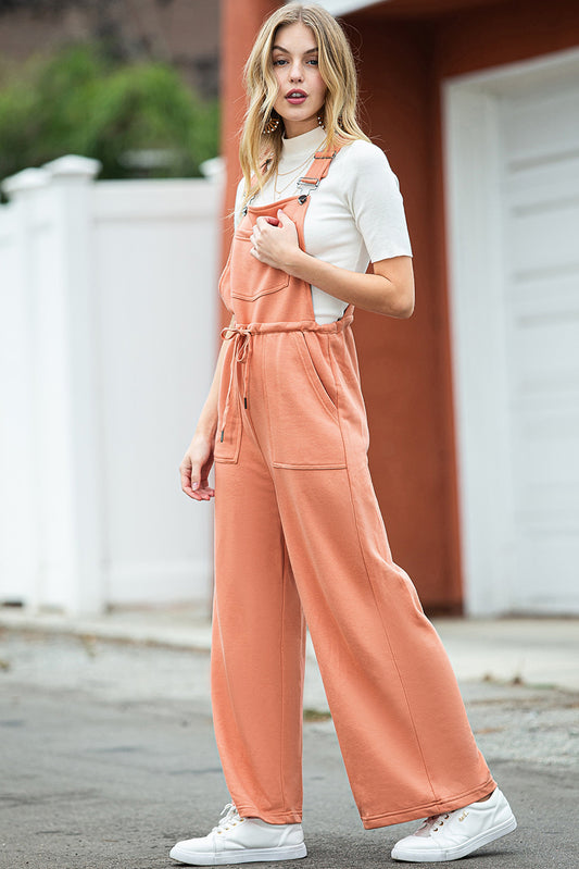 Orange Pocketed Drawstring Wide Leg Overalls