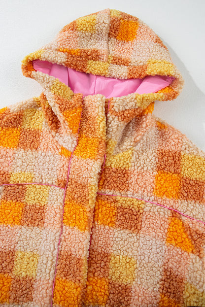 Orange Checkered Sherpa Hooded Jacket