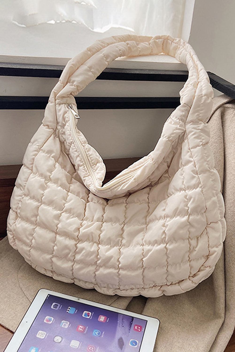 White Quilted Zipper Large Shoulder Bag