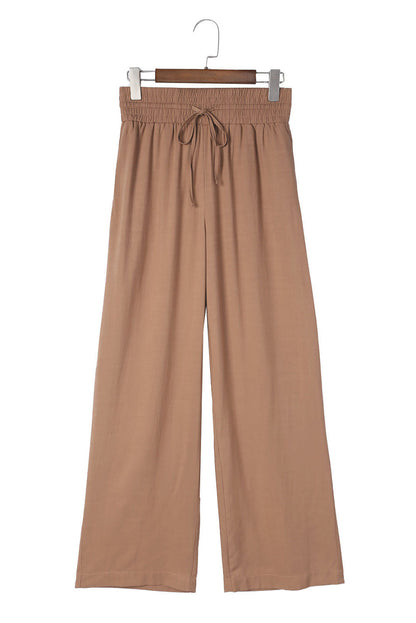 Brown Casual Drawstring Shirred Elastic Waist Wide Leg Pants