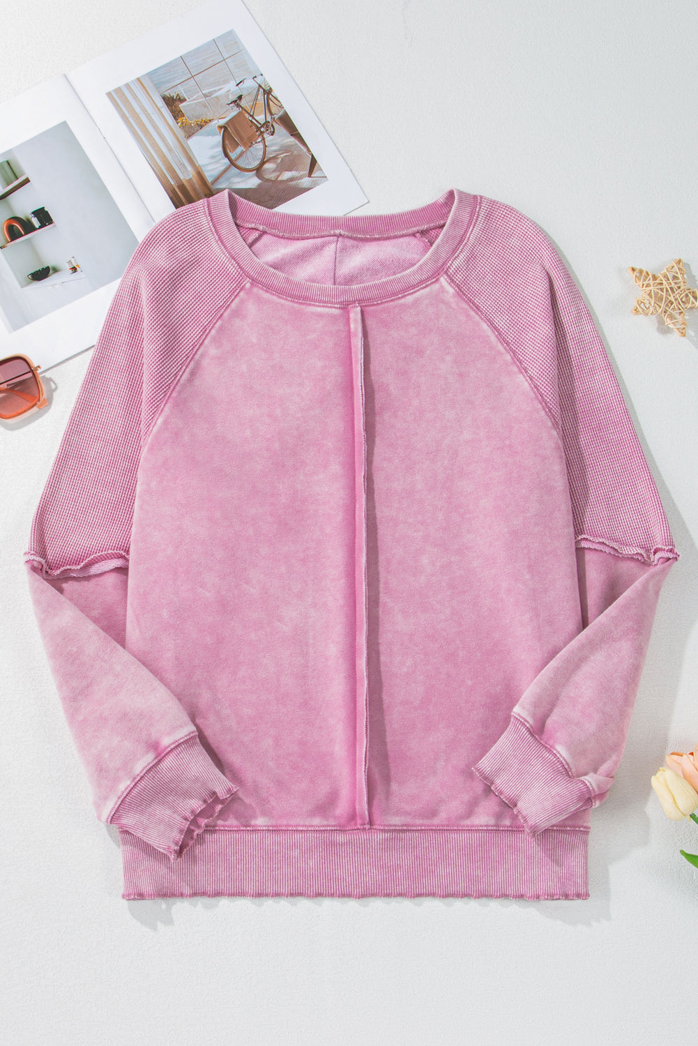 Pink Waffle Patchwork Raglan Sleeve Exposed Seam Sweatshirt